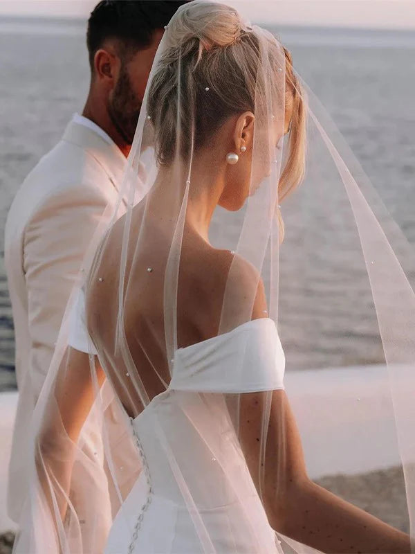 Luolandi Sheath/Column Crepe Ruched Off-the-Shoulder Sleeveless Chapel Train Wedding Dresses With Slit Without Wedding Veil