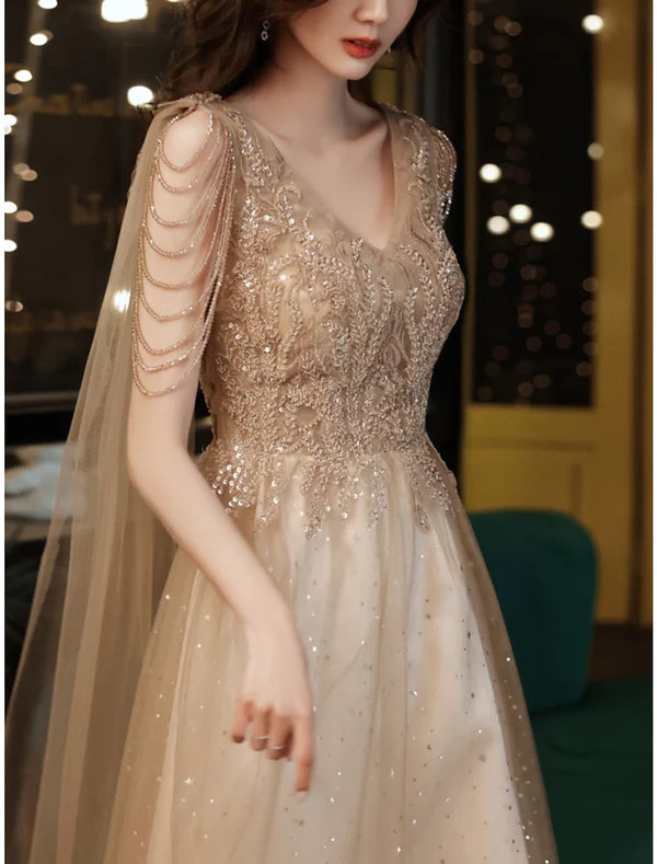 Luolandi A-Line Sheath / Column Mother of the Bride Dress Wedding Guest Party Sparkle & Shine Petite V Neck Ankle Length Tulle Sleeveless with Pleats Beading Sequin Fall Evening Dress