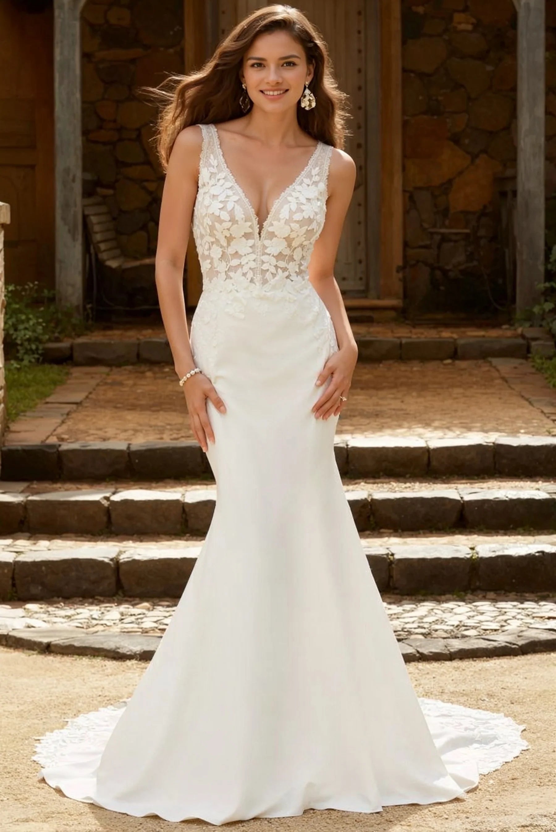 Luolandi Mermaid Wedding Dress V Neck Bridal Dress With Appliques Sleeveless Floor Length Elegant