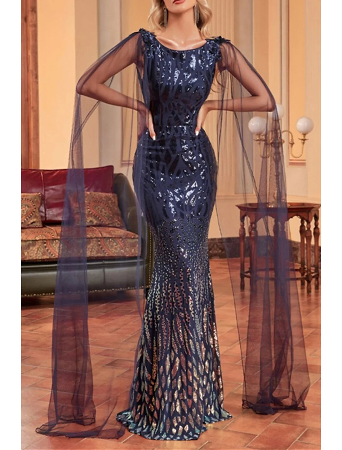 Luolandi Mermaid / Trumpet Mother of the Bride Dress Wedding Guest Party Sparkle & Shine Bateau Neck Floor Length Tulle Sequined Sleeveless with Sequin Draping Evening Dress
