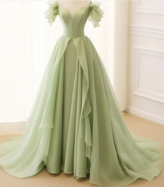 Luolandi A-Line Princess Green Tulle Long Prom Dress Quinceanera Dress Floor Length