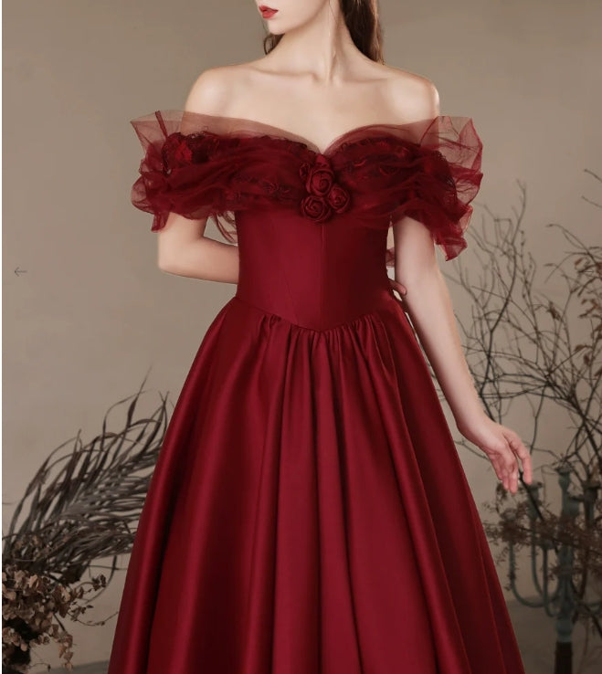 Luolandi A-Line Off Shoulder Satin Burgundy Long Prom Dress Formal Dress Elegant Evening Dress