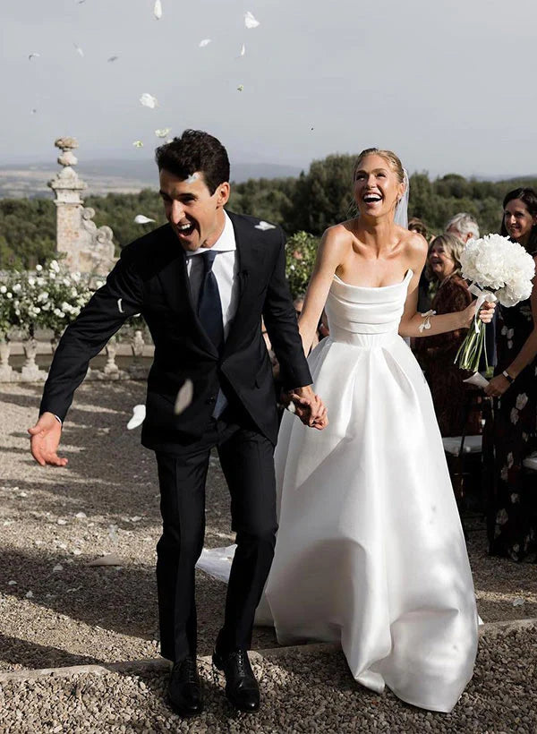 Luolandi Satin Strapless Ball-Gown Wedding Dress With Sweep Train Off Shoulder Floor Length Simple