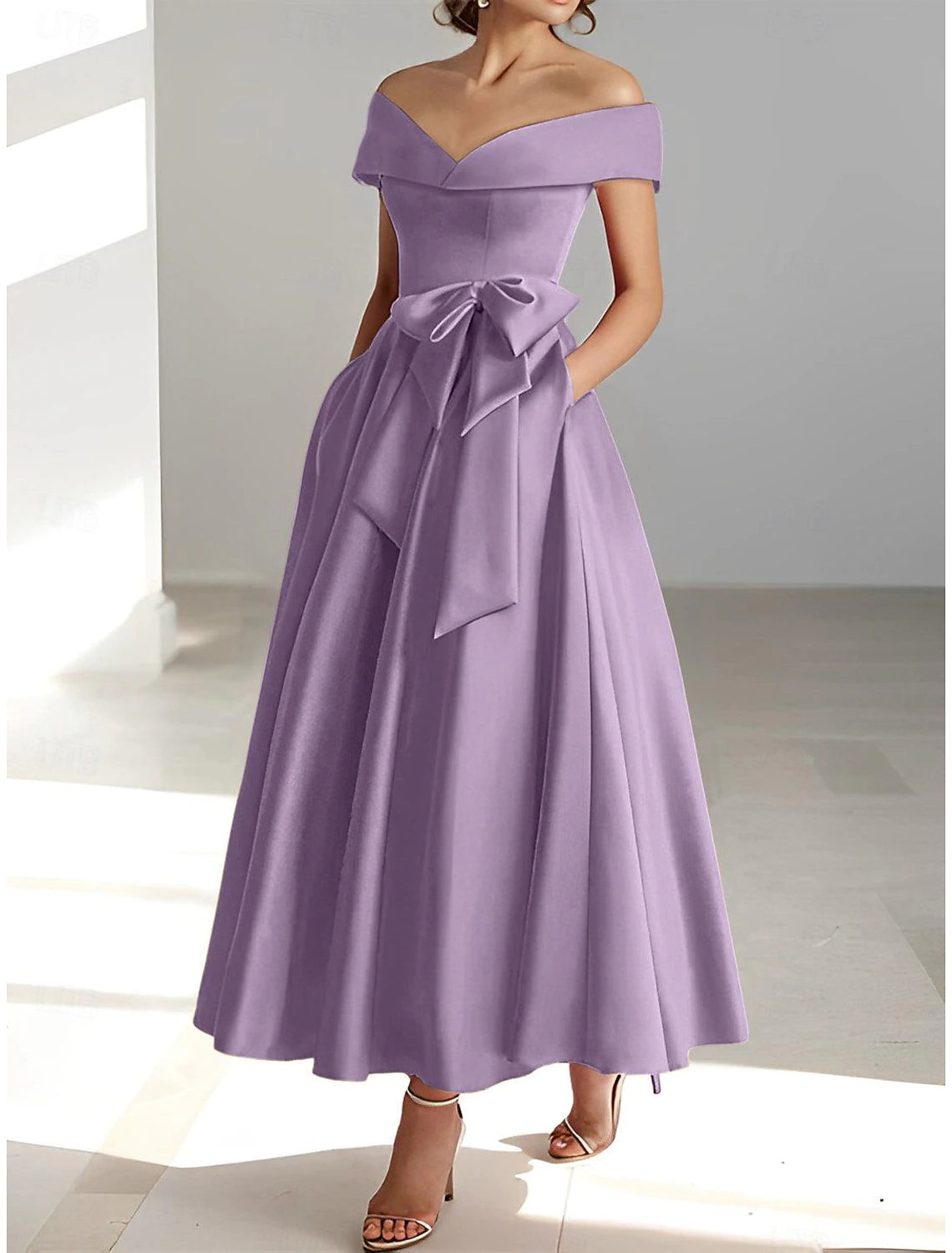 Luolandi A-Line Wedding Guest Dress Elegant Dress Semi-formal Dress Tea Length Short Sleeve Off Shoulder Pocket Satin with Bow(s) Evening Dress