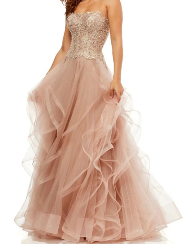 Luolandi A-Line Party Dress Elegant Vintage Engagement Formal Evening Dress Strapless Sleeveless Floor Length Tulle with Tier Embroidery Prom Dress