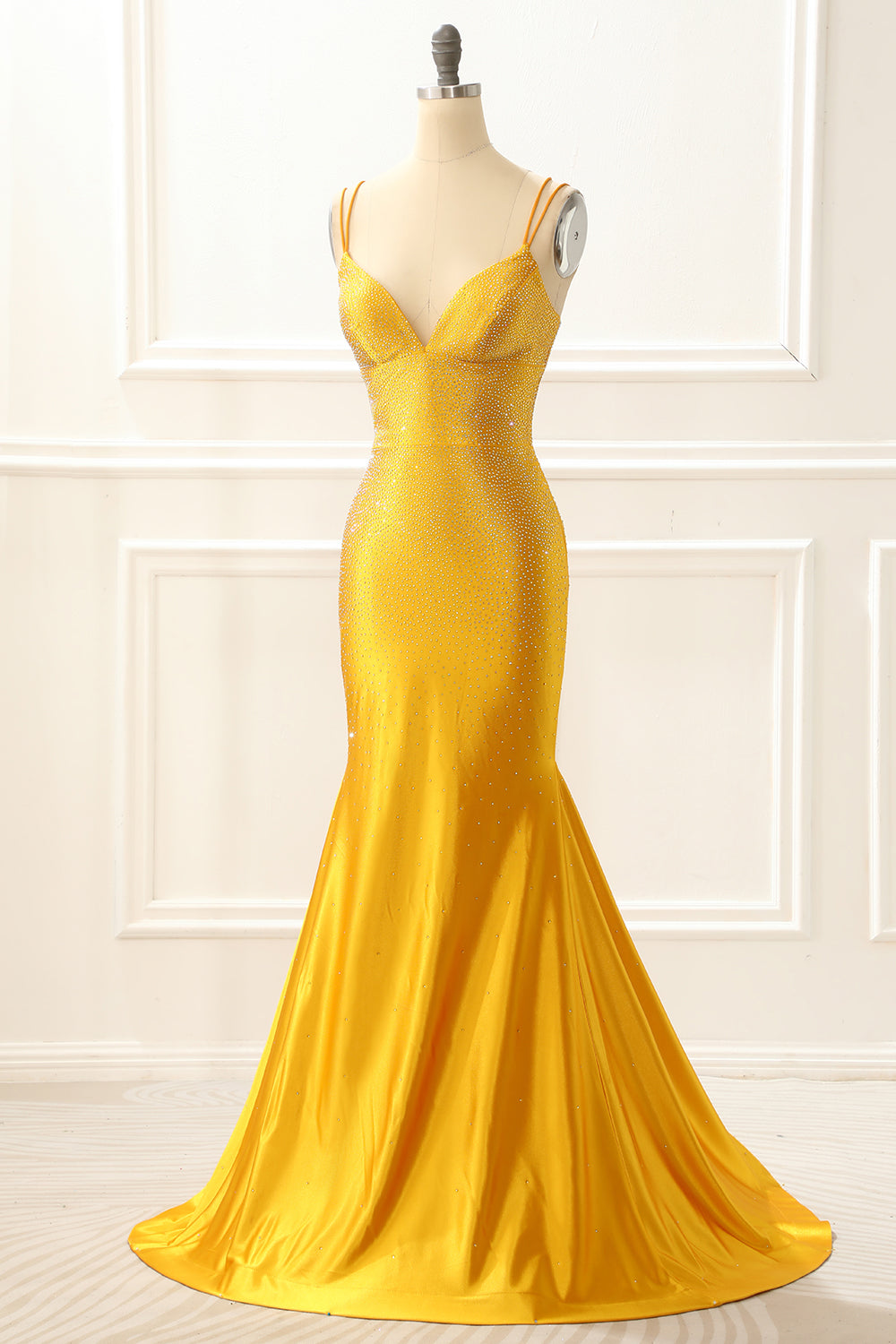 Luolandi Yellow Satin Mermaid Glitter Prom Dress With Beading Sparkly Evening Dress