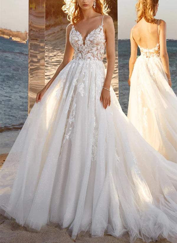 Luolandi Ball-Gown V-Neck Sleeveless Tulle Court Train Wedding Dress With Lace Appliques Floor Length