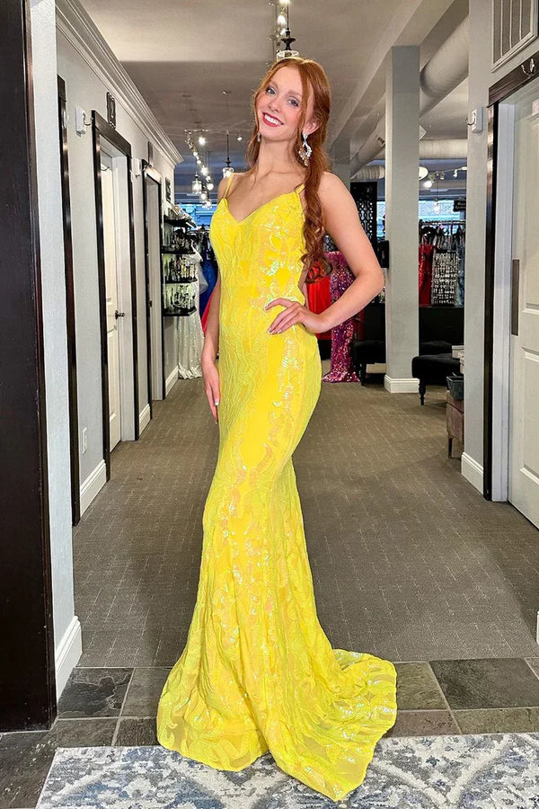 Luolandi Mermaid V Neck Yellow Sequins Lace Backless Long Prom Dresses Sparkly Evening Dress