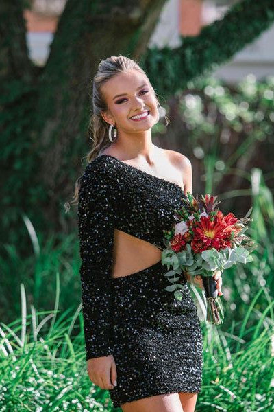 Luolandi Sheath Sequin One Shoulder Homecoming Dress Sparkly Party Dress