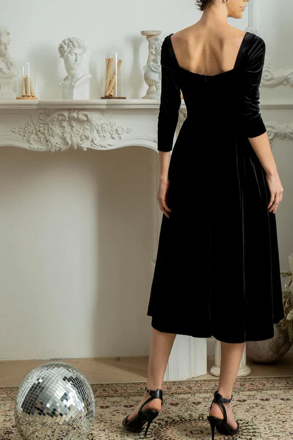 Luolandi Wedding Guest Velvet Winter Vintage Dress Formal Cocktail Dress Long Sleeve Full Skirt Dress Elegant