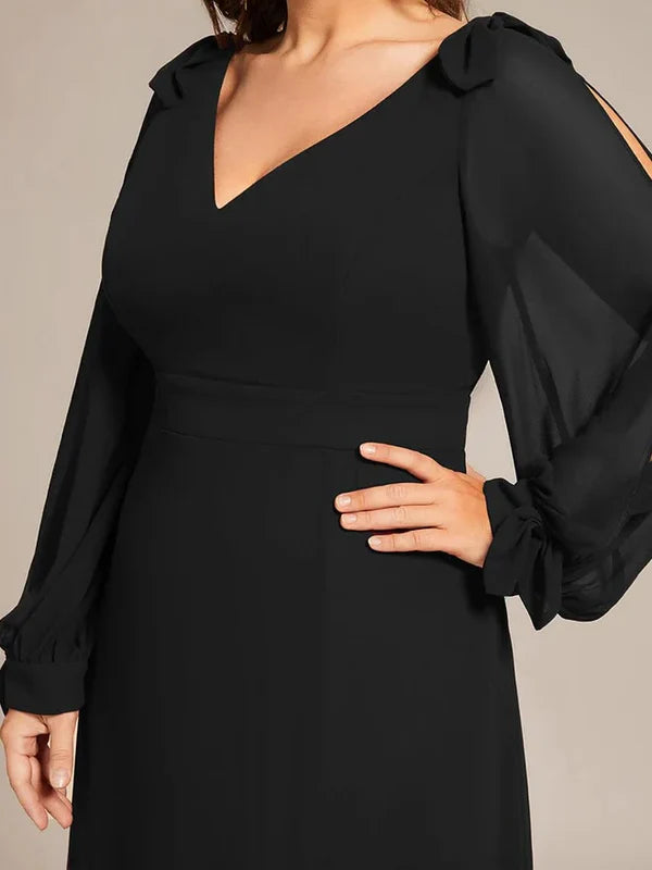 Luolandi Black A Line/Princess Long Sleeves Chiffon Floor-Length V Neck Bridesmaid Dress Party Dress