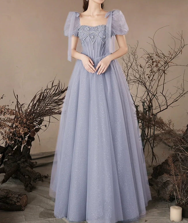 Luolandi A-Line Sweetheart Neck Tulle Beads Blue Long Prom Dress Evening Dress Sparkly Formal Dress