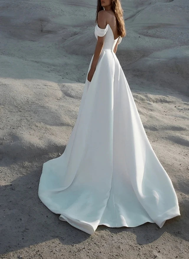 Luolandi Elegant Off The Shoulder Court Train Wedding Dress With Split Front Floor Length Simple Bridal Gown