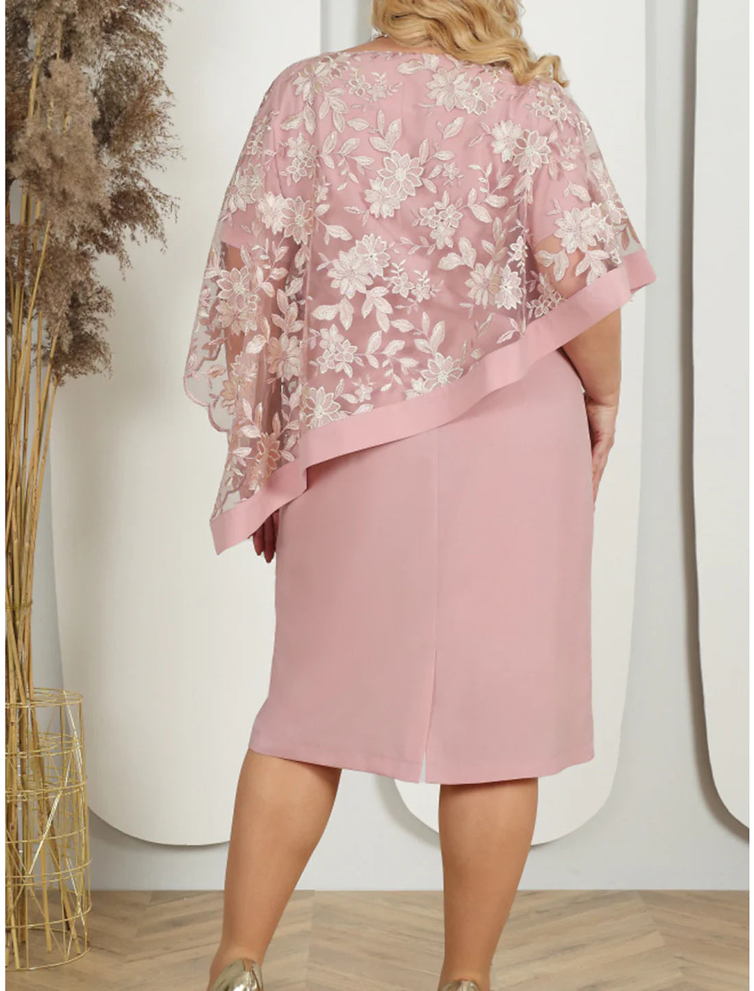 Luolandi Women's Plus Size Curve Party Dress Lace Dress Cocktail Dress Midi Dress Pink Blue Half Sleeve Floral Lace Summer Spring Fall Crew Neck Wedding Guest Mother of the Bride Dress