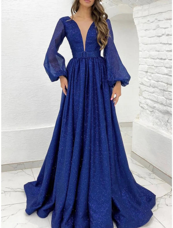 Luolandi A-Line Evening Gown Elegant Dress Formal Court Train Long Sleeve Off Shoulder Lurex Fabric with Pleats Strappy Sparkly