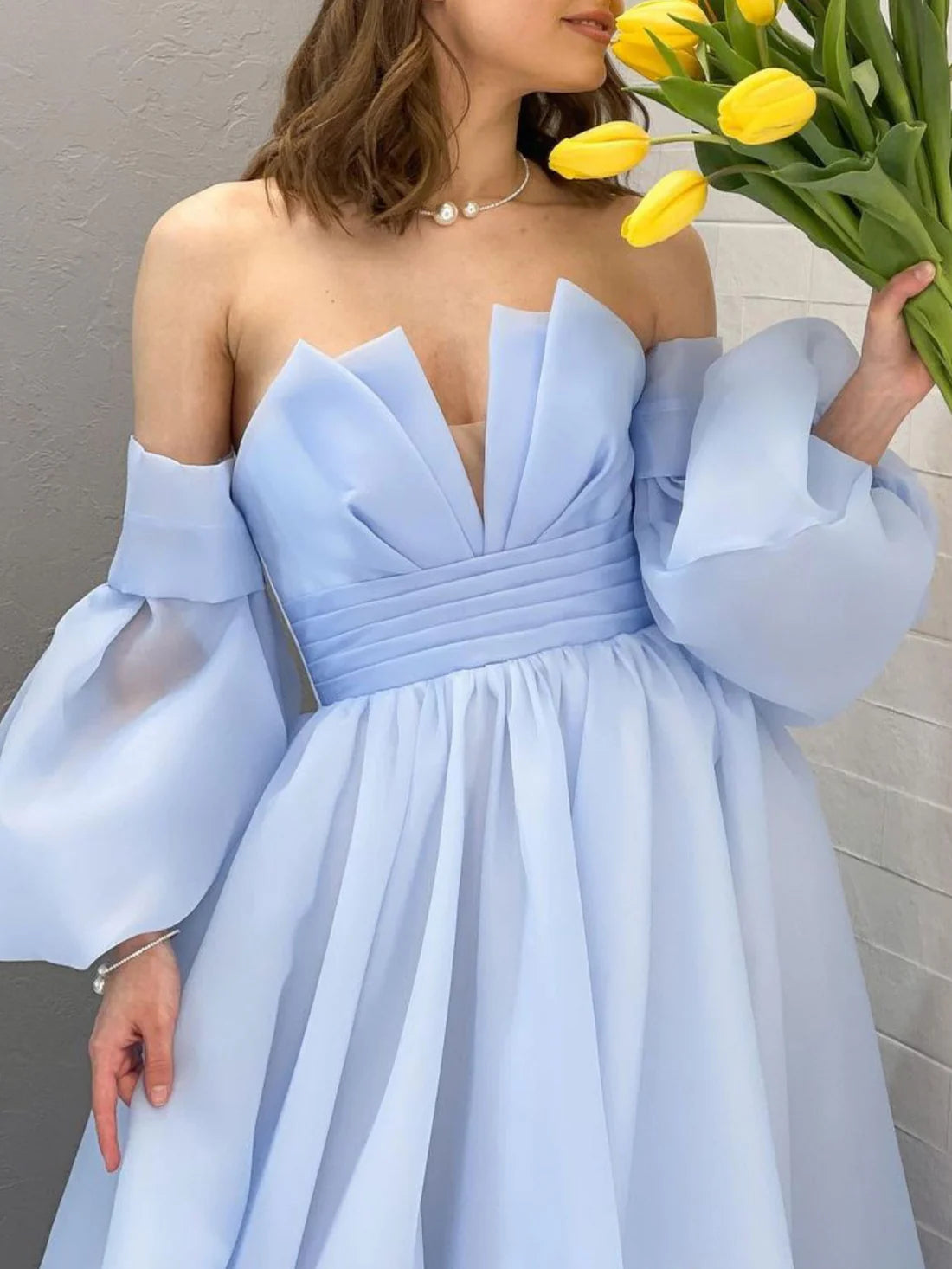 Luolandi Aline Organza blue long prom dress puff sleeves blue long formal party dress Off Shoulder Elegant Evening Dress
