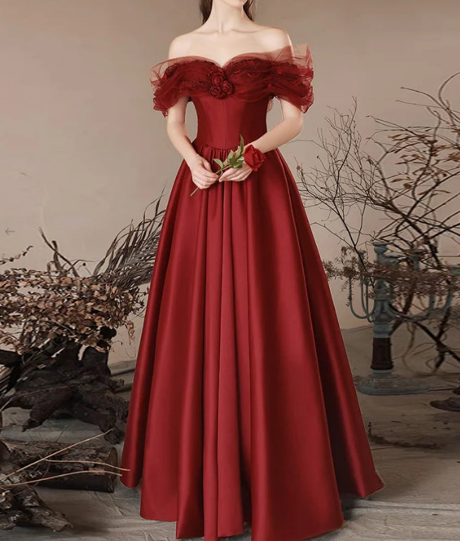 Luolandi A-Line Off Shoulder Satin Burgundy Long Prom Dress Formal Dress Elegant Evening Dress