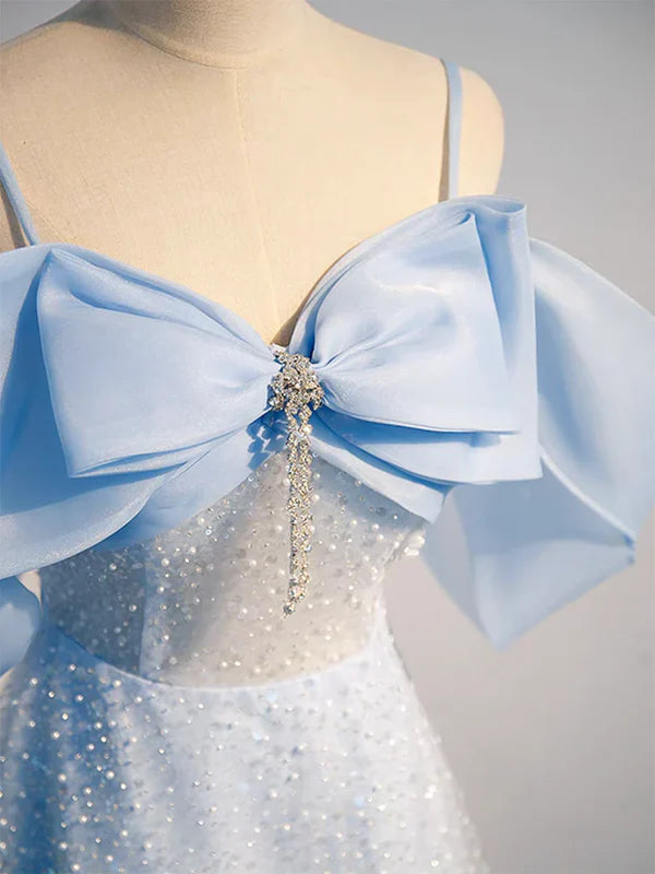 Luolandi Glitter A-Line Tulle Sequin Blue Long Prom Dress With Bows Sparkly Evening Dress