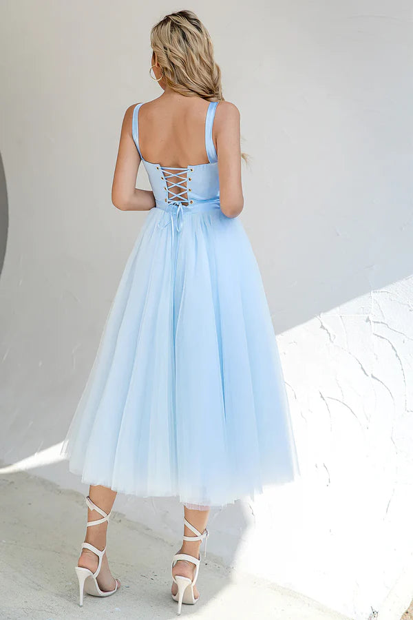 Luolandi Sky Blue Tulle Cocktail Dress Tea Length Sleeveless Dress Solid Color Party Dress