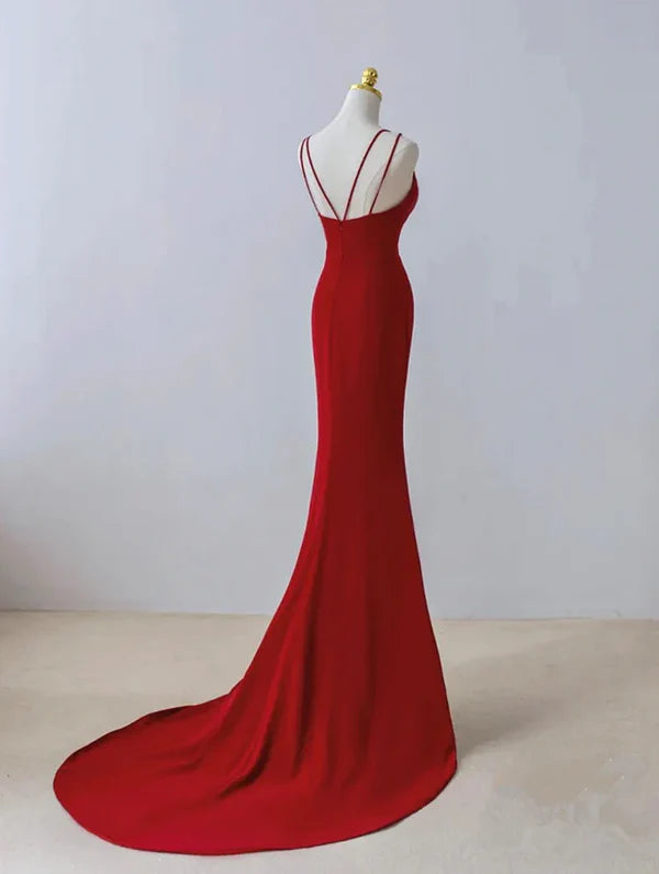 Luolandi Pretty Red Mermaid Straps Long Evening Dress with Leg Slit Red Prom Dress Solid Color