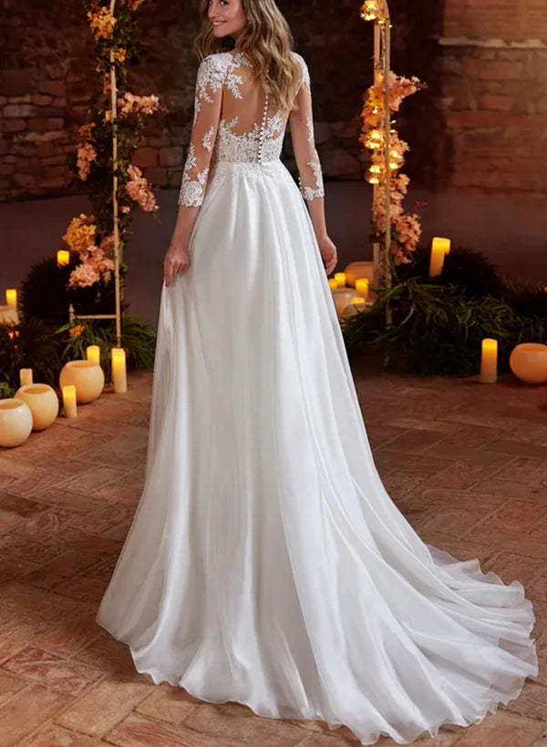 Luolandi Boho Lace Wedding Dresses With 3/4 Sleeves Floor Length with Appliques Elegant