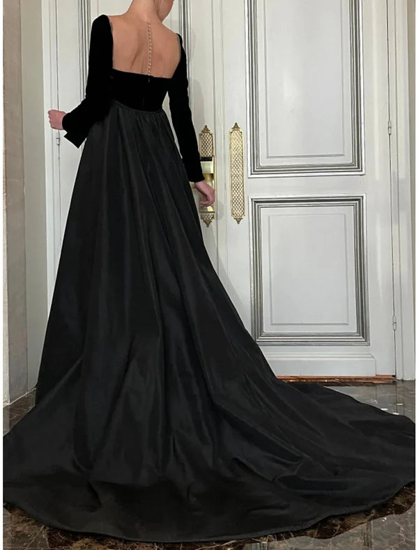 Luolandi A-Line Evening Gown Vintage Dress Formal Fall Court Train Long Sleeve Square Neck Satin with Bow(s) Sexy