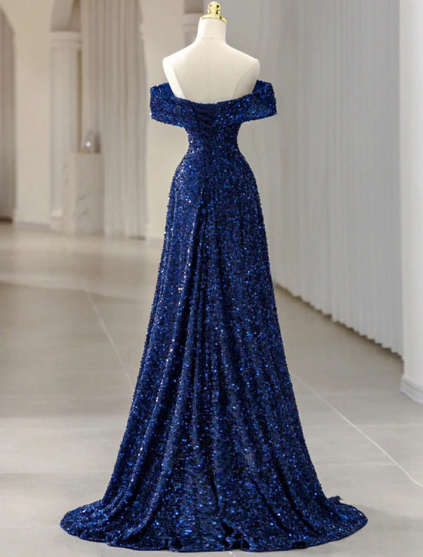 Luolandi A-Line Evening Gown Sparkle & Shine Dress Formal Wedding Guest Sweep / Brush Train Sleeveless Off Shoulder Sequined with Glitter Sequin Prom Dress