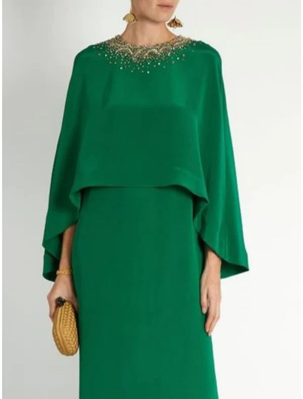 Luolandi Sheath / Column Mother of the Bride Dress Formal Elegant Party Jewel Neck Ankle Length Chiffon Long Sleeve with Sequin Split