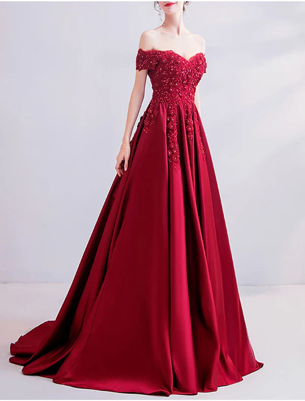 Luolandi A-Line Sexy Engagement Formal Evening Dress Off Shoulder Short Sleeve Sweep / Brush Train Lace with Pleats Beading Prom Dress