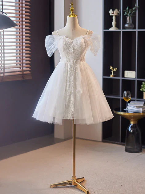 Luolandi Tulle with Lace Off Shoulder Short Party Dress Prom Dress Formal Dress Homecoming Dress