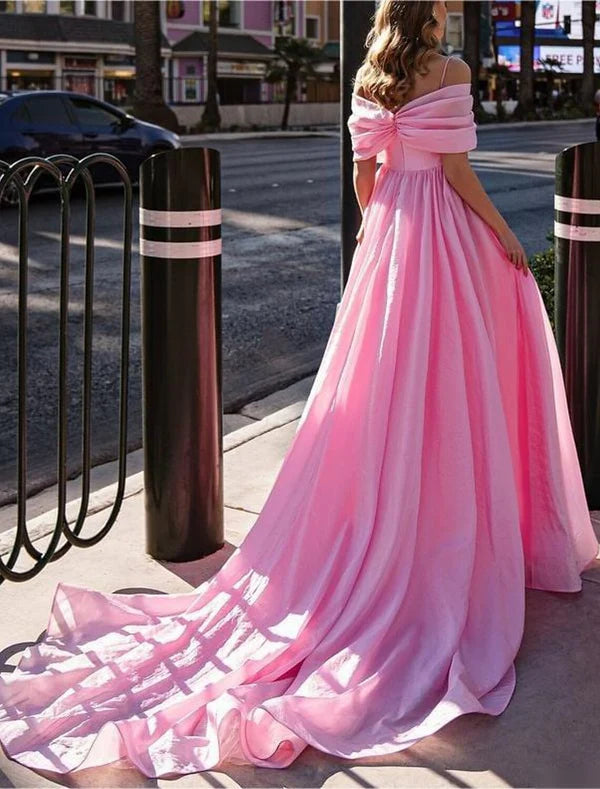 Luolandi Ball Gown Prom Dresses High Split Dress Wedding Prom Court Train Short Sleeve Off Shoulder Chiffon with Slit Evening Dress