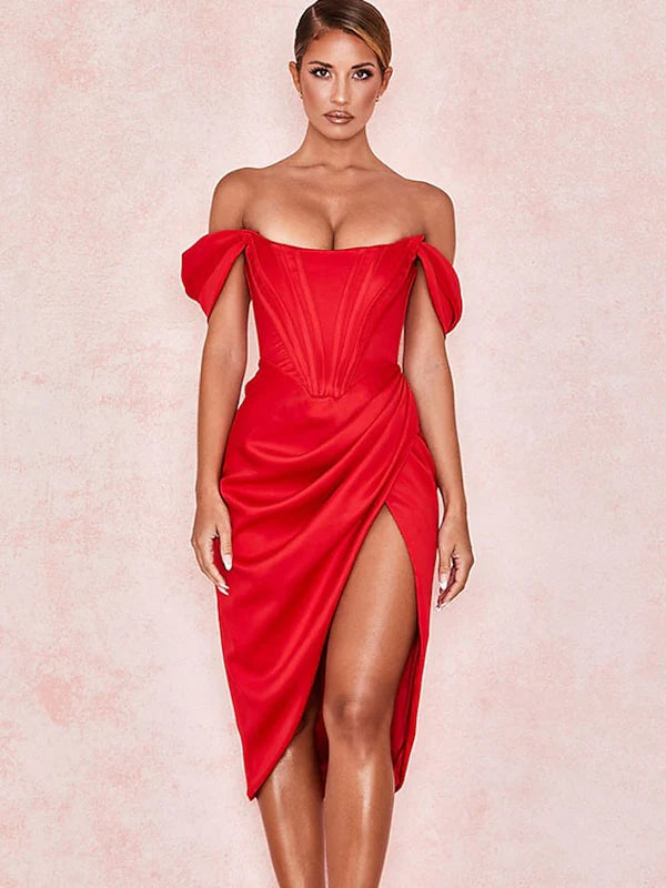 Luolandi Cocktail Dresses Party Dress Wedding Party Tea Length Short Sleeve Off Shoulder Satin with Slit Sexy