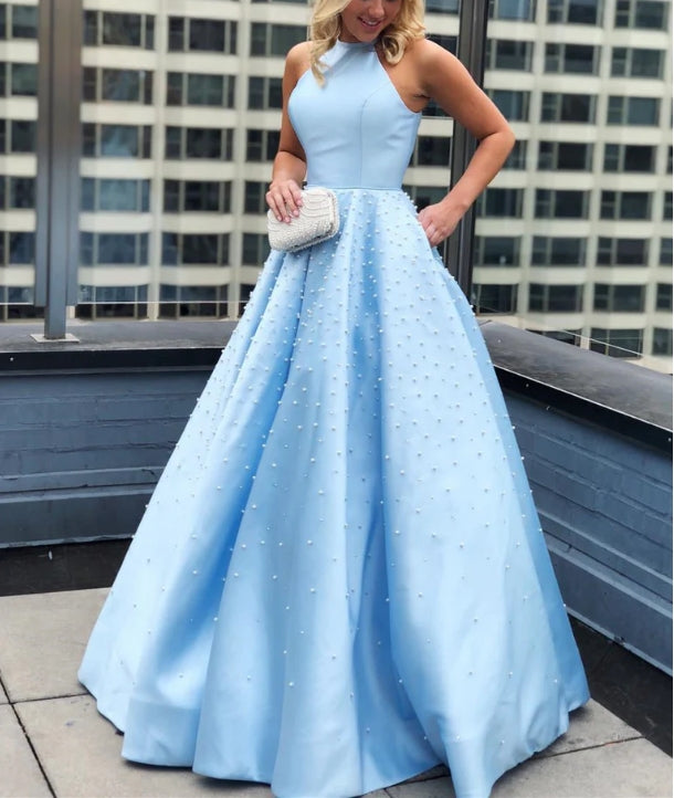 Luolandi Brilliant Satin Jewel Pearls A-line Evening Dresses Sleeveless Floor Length Prom Dresses