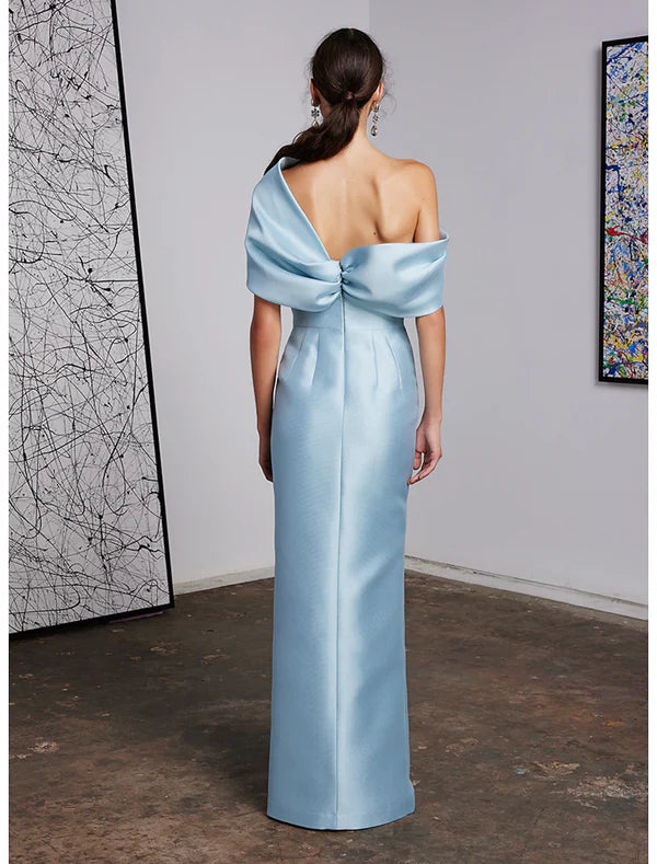 Luolandi Sheath / Column Evening Gown Elegant Dress Formal Wedding Floor Length Sleeveless One Shoulder Satin with Ruched Slit Sky Blue