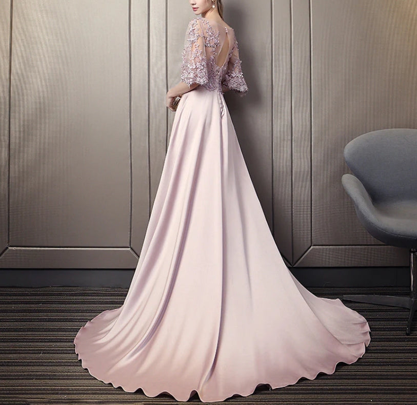 Luolandi Pink Soft Satin Long Party Dress with Lace Top A-line Pink Evening Dress Prom Dress Mother of the Bride Dress