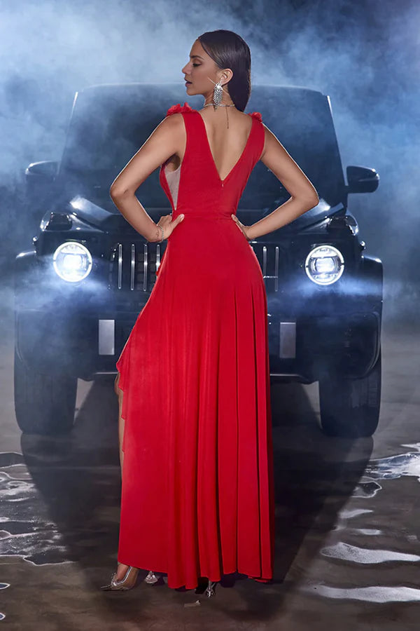 Luolandi A Line V Neck Long Dress Evening Dress with Slit Solid Color Sexy Party Dress