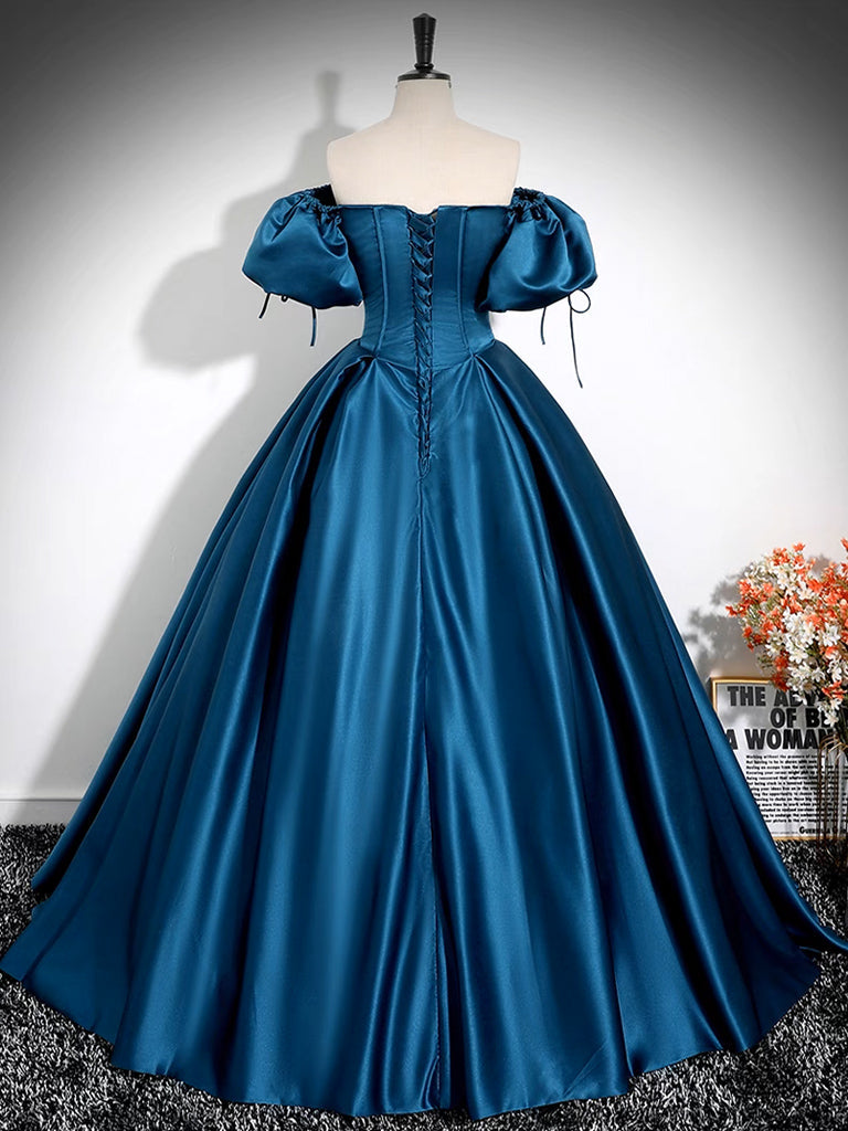 Luolandi A-Line Puff Sleeves Satin Peacock Blue Long Prom Dress Formal Dress Evening Dress