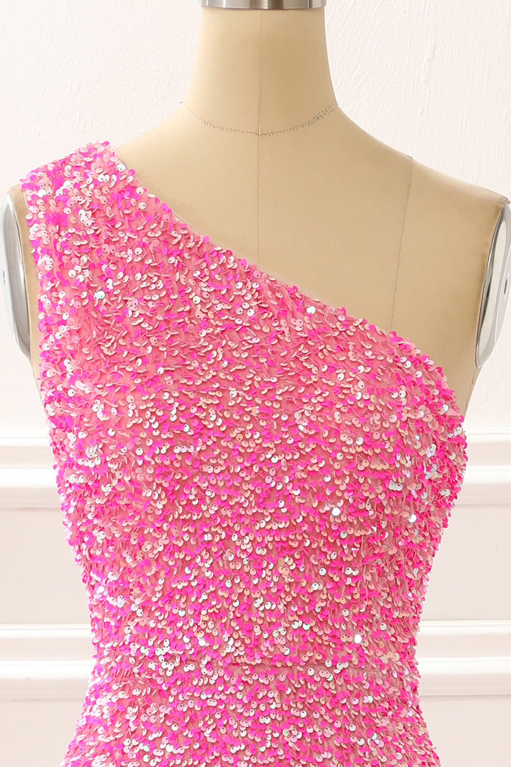 Luolandi Hot Pink One Shoulder Sparkly Prom Dress Evening Dress With Slit