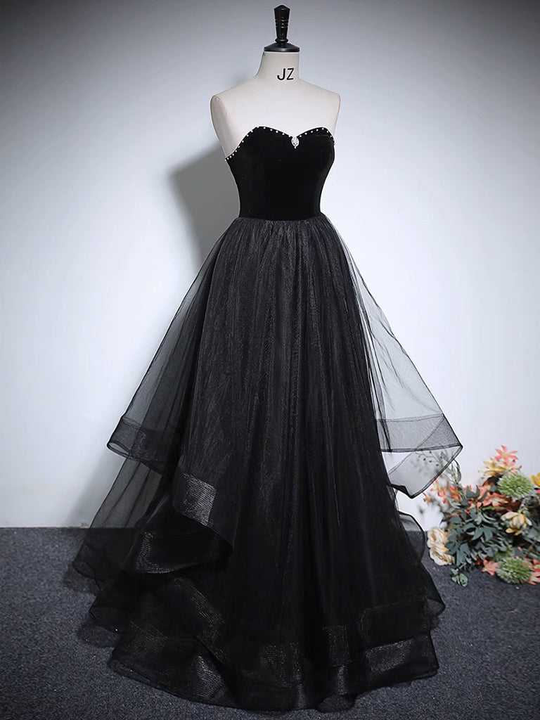 Luolandi Black A-Line Tulle Long Prom Dress Evening Dress Floor Length Elegant Formal Dress
