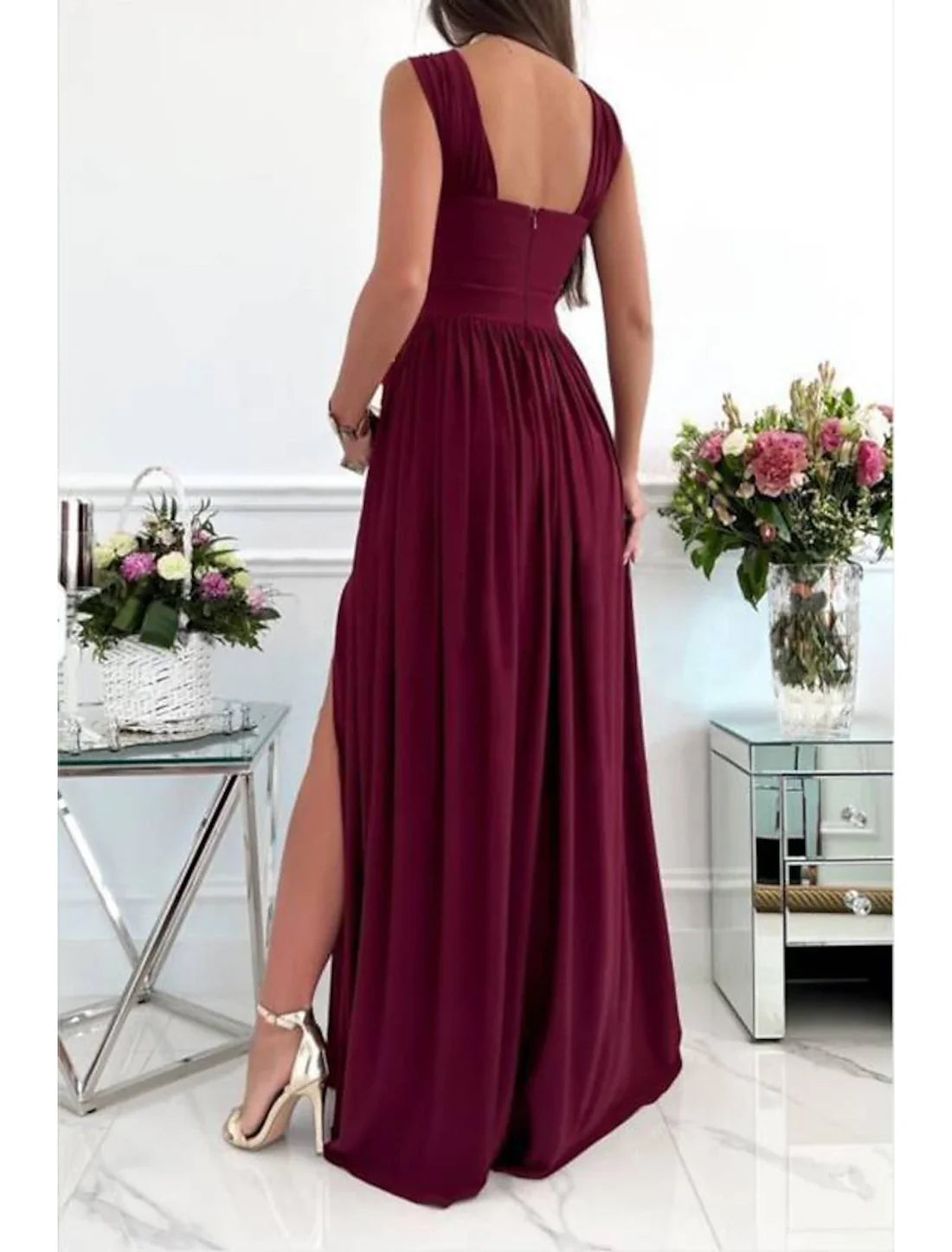 Luolandi A-Line Prom Dresses Sexy Dress Formal Wedding Guest Floor Length Sleeveless Halter Neck Bridesmaid Dress Chiffon with Ruched Slit Party Dress