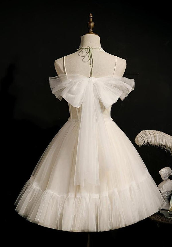 Luolandi Lovely A Line Spaghetti Straps Tulle Lace Appliques Short Prom Dresses With Bow Homecoming Dress