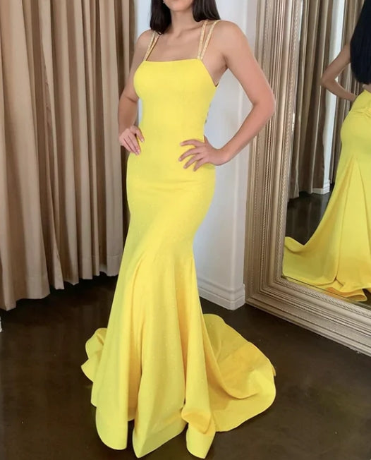 Luolandi Simple Backless Satin Yellow Long Prom Dress Evening Dress With Sweep Train Party Dress