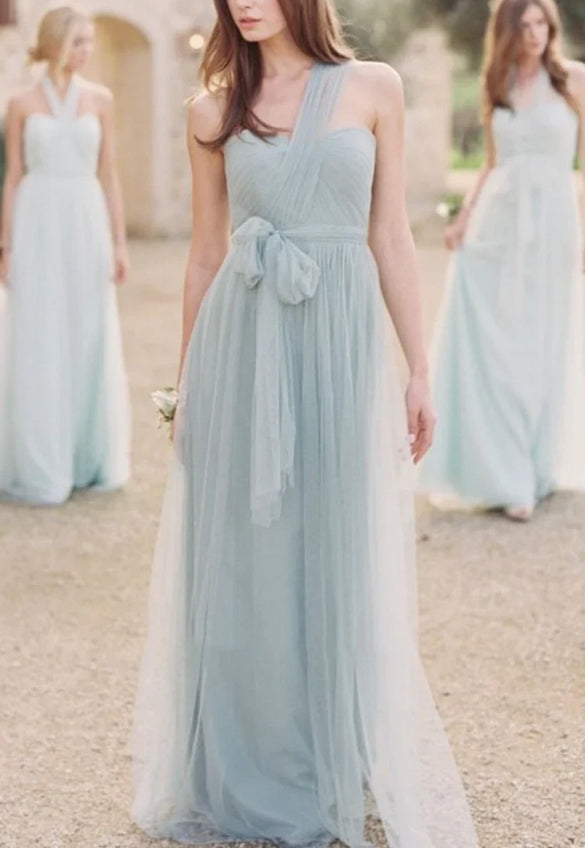 Luolandi One-Shoulder Long Bowed Tulle Bridesmaid Dress With Ruching Charming Evening Party Dress