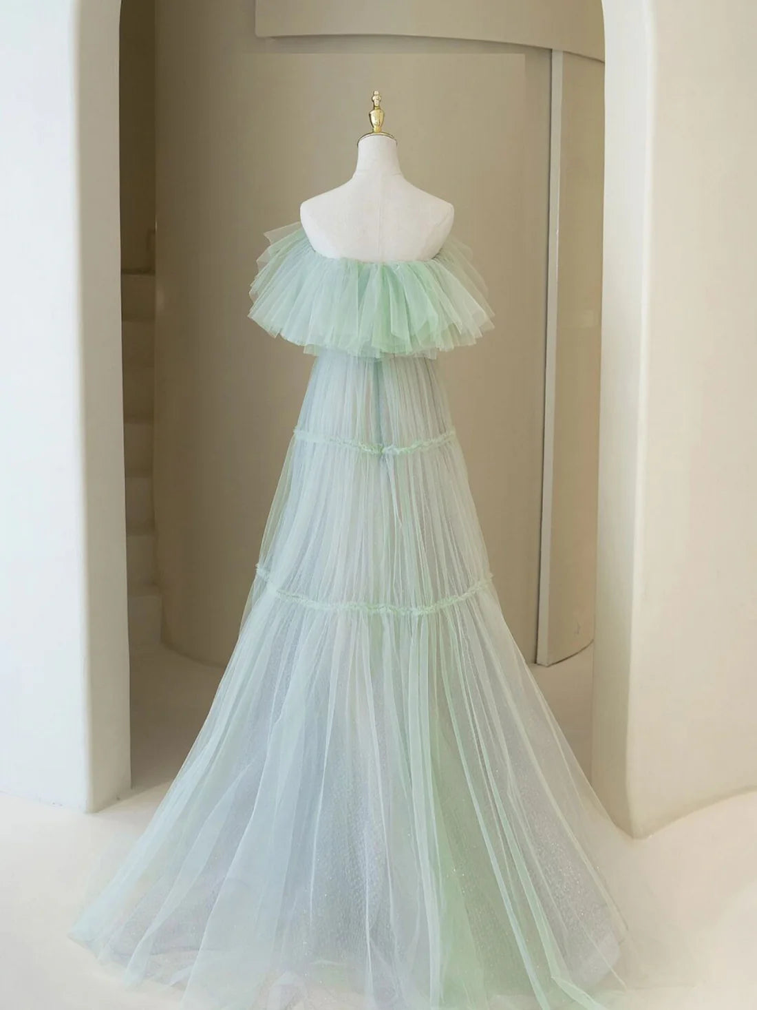 Luolandi Green A line tulle long prom dress formal dress Off Shoulder Floor Length Simple december wedding guest dress