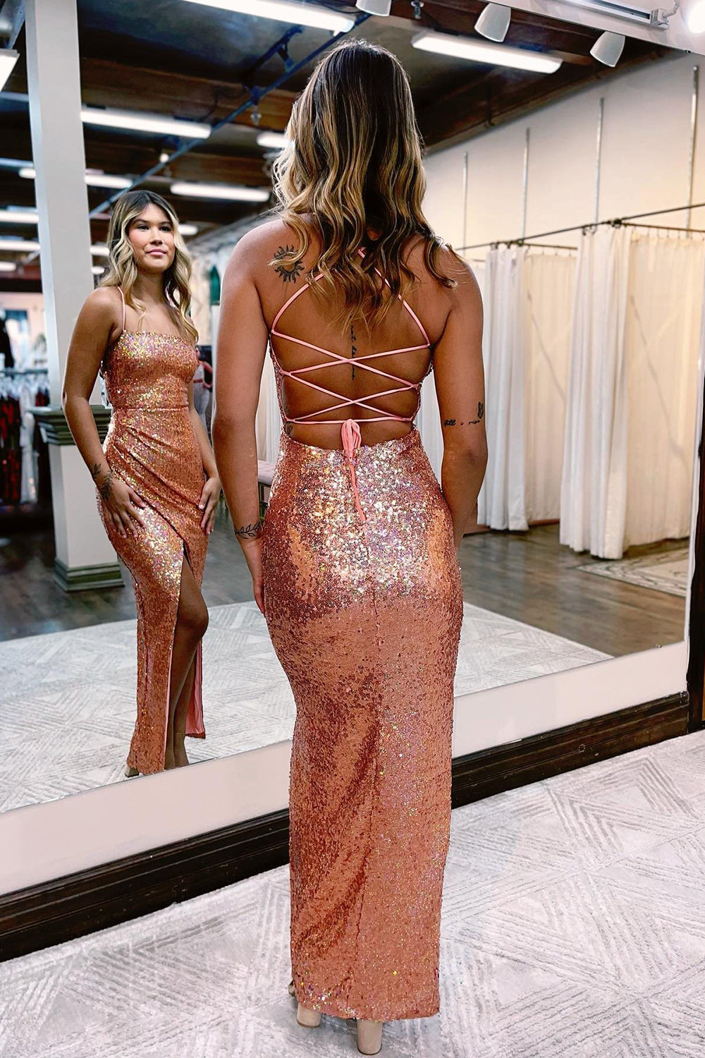 Luolandi Sheath Halter Blue Sequins Prom Dress With Silt Sparkly Evening Dress