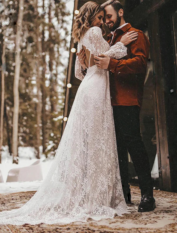 Luolandi Beach Open Back Boho Wedding Dresses A-Line V Neck Long Sleeve Court Train Lace Bridal Gowns Elegant