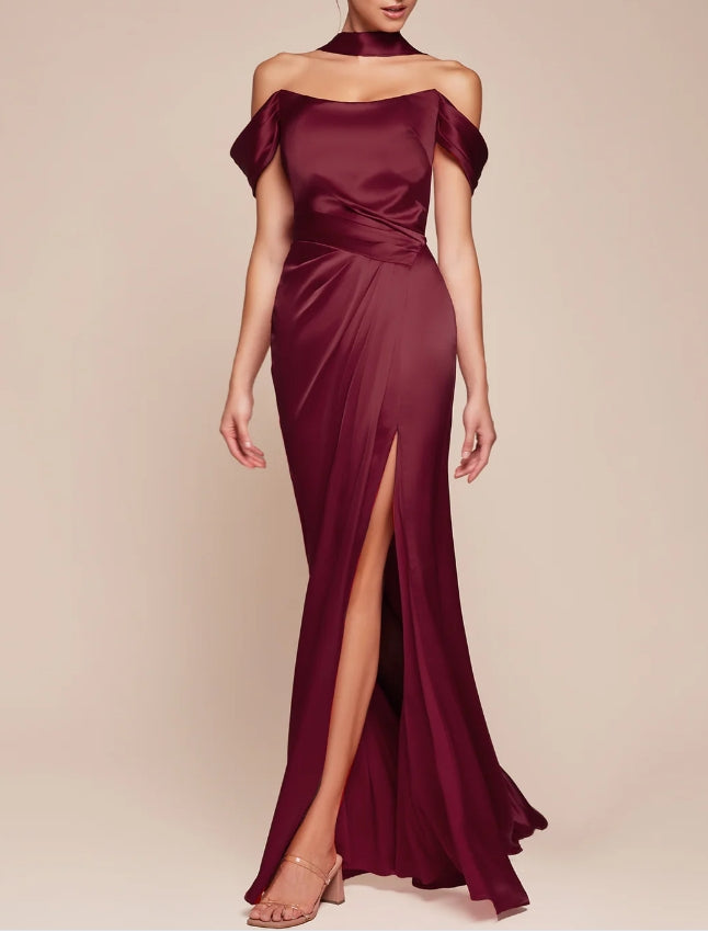Luolandi Dress Off-Shoulder Satin Fitted Bridesmaid Dress With Side Slit Elegant Evening Party Dress
