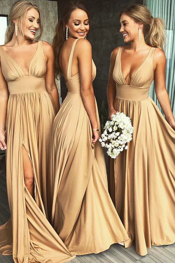 Luolandi Gold V Neck Long Bridesmaid Dress with Slit Charming Evening Party Dress