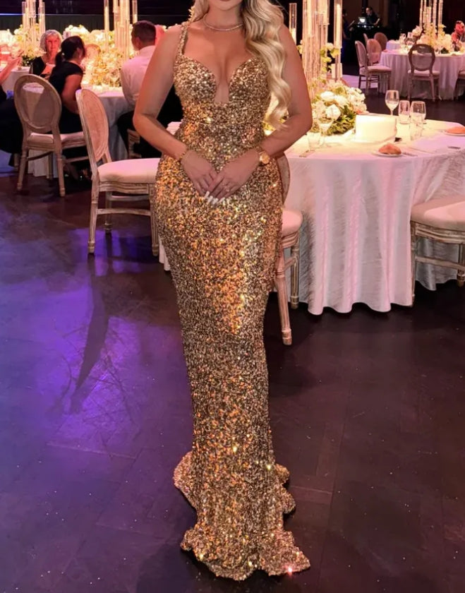 Luolandi Gorgeous Gold Sequins Mermaid Long Prom Dress Sparkly Evening Dress Sexy Party Dress
