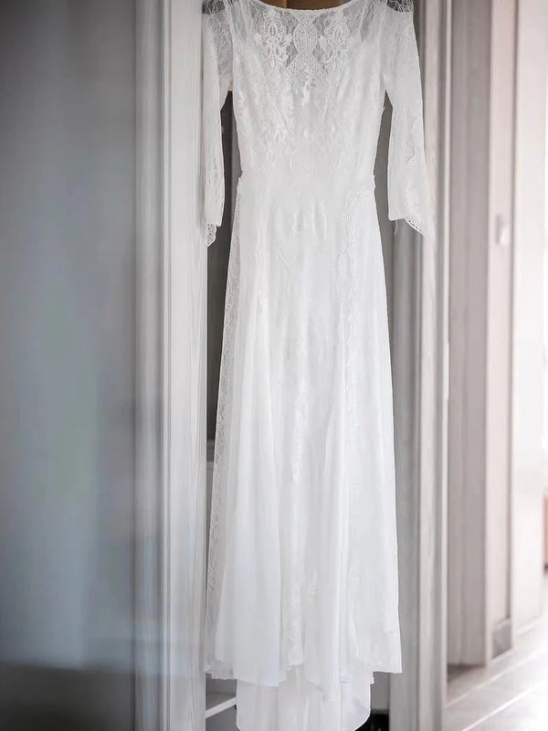 Luolandi Alluring Lace Bateau Long Sleeves Chapel Train Sheath Wedding Dresses Elegant